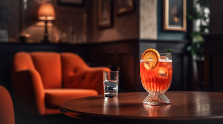 A glass with trendy Aperol Spitz or Negroni Sbagliato cocktail on a table in an expensive cozy restaurant, a hall with soft sofasの素材
