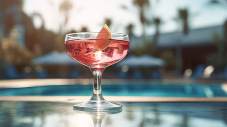 A glass of the popular Cosmopolitan cocktail on table by the outdoor pool . Summer refreshing tropical drink with ice for partiesの素材