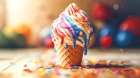 Summer dessert, ice cream in waffle crunchy cone, bright background. Vegan ice cream with drops and splashes of sweet sugar syrupの素材