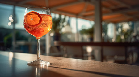 Glass of trendy Aperol Spitz or Negroni Sbagliato on table by outdoor pool. Summer refreshing tropical drink with ice for partiesの素材