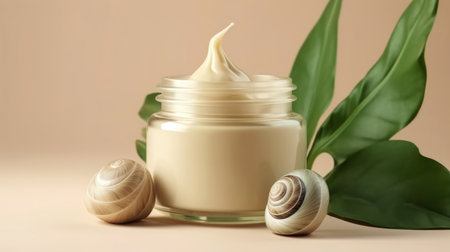 Cosmetics cream, gel, serum with snail mucin, Asian cosmetics, pastel background. Spa and relaxation concept, natural organic skin care cosmeticsの素材