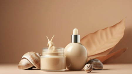 Cosmetics cream, gel, serum with snail mucin, Asian cosmetics, pastel background. Spa and relaxation concept, natural organic skin care cosmeticsの素材