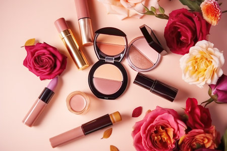 Professional makeup cosmetics pastel color palette, flat lay with flowers. Beauty concept, decorative professional productsの素材