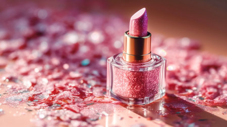 Makeup cosmetics, shiny glossy lip gloss or nail polish, liquid glitters in bottle, pink glitter background, Barbicor style.の素材