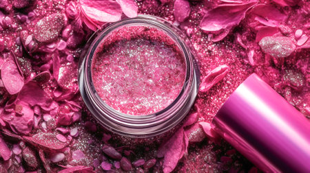 Makeup cosmetics, glitter glossy eye shadow or face blush, glitter in jar, pink glitter background, barbicor style. Beauty conceptの素材