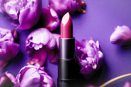 Professional makeup cosmetics, lipstick tube, purple background natural flowers. Beauty concept, decorative professional productsの素材