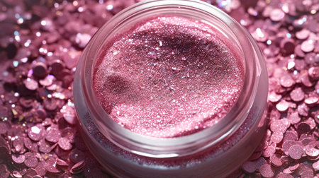 Makeup cosmetics, glitter glossy eye shadow or face blush, glitter in jar, pink glitter background, barbicor style. Beauty conceptの素材