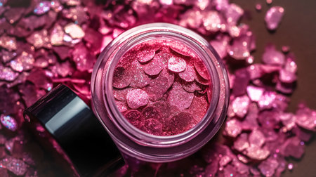 Makeup cosmetics, glittery loose face shadows or blush, glitters in jar, pink glitter background, barbicor style. Beauty conceptの素材