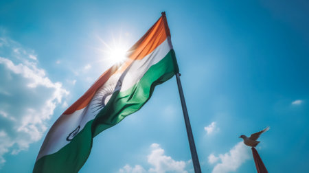 The National Tricolor Flag of India is waving against a blue sky. Banner for Indian Independence Day national holidayの素材