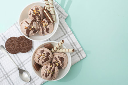 Chocolate homemade ice cream decorated with nuts, chocolate chips, wafer rolls, in white bowl. Summer cooling dessertsの写真素材