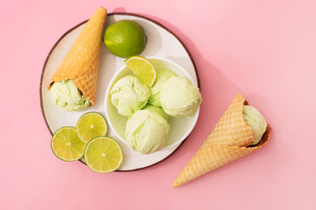 Ice cream with lime flavor in waffle cone and white bowl, pink background with pieces of juicy lime, copy space, flat layの写真素材