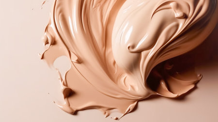 Professional decorative cosmetics, highlighter foundation, smear and drops, beige background, top view. Beauty conceptの素材