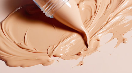 Professional decorative cosmetics, highlighter foundation, smear and drops, beige background, top view. Beauty conceptの素材