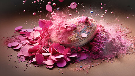 Makeup cosmetics, dry loose face shadows or blush, pink glitter background. Beauty concept, decorative professional productsの素材