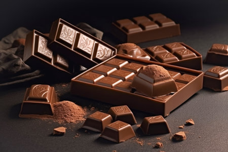 Chocolate bar, pieces of milk bitter chocolate, lie in a heap, dark background, copy space. Sweet chocolate dessert, top viewの素材