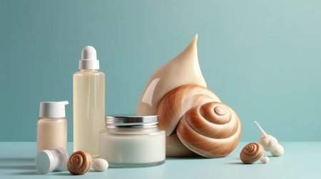 Various cosmetic products cream, gel, serum with snail mucin, Asian cosmetics. Spa and relaxation concept, natural organicの素材
