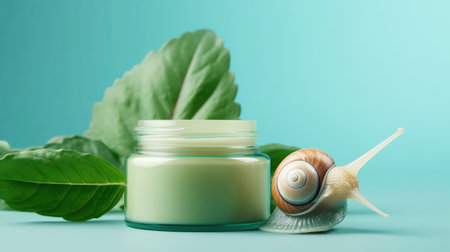 Cosmetic product with snail mucin in a glass jar, asian cosmetics, pastel blue background. Spa and relaxation concept, natural organic skin care cosmetics based on snail mucusの素材