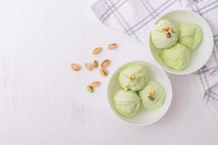 Pistachio homemade ice cream decorated with nuts in white bowls on a white kitchen table, copy space. Summer cooling dessertsの写真素材