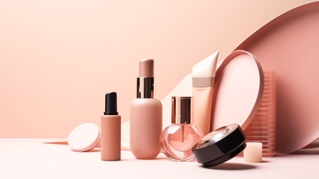Makeup cosmetics, foundation, lipstick, highlighter, blush, eye shadow, in various jars, tubes and packages, beige backgroundの素材