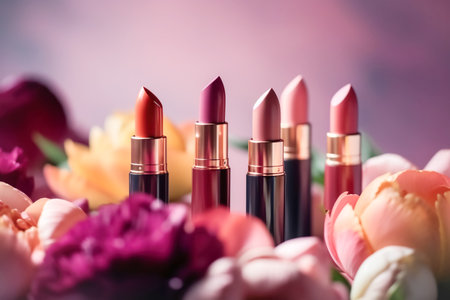 Professional make-up cosmetics, lipstick in various colors, pink background with fresh flowers. Beauty concept, decorative productsの素材