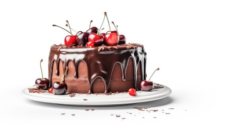 Chocolate muffin cake decorated with chocolate icing and cherry, white background. Sweet chocolate dessert, horizontal frameの素材