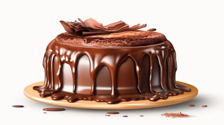 Chocolate cupcake cake decorated with chocolate icing and chocolate chips, white background. Festive sweet chocolate dessertの素材