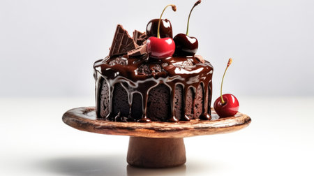 Chocolate muffin cake decorated with chocolate icing and a cherry on a stand dish, light background. Sweet chocolate dessertの素材