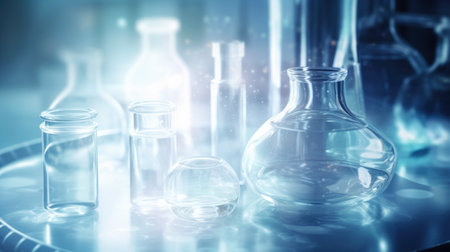 Laboratory test tubes and other various medical glassware, blue background. Pharmacy cosmetology conceptの素材