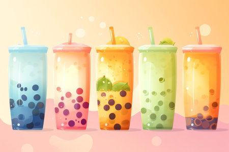 Fashion drink, bubble tea in glasses with a straw, yellow pastel background. Summer refreshing drinks with ice and fresh berriesの素材