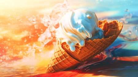 Summer dessert, ice cream in waffle crunchy cone, bright background. Vegan ice cream with drops and splashes of sweet sugar syrupの素材