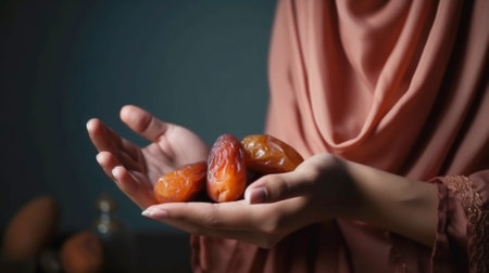 Muslim girl holding bowl of dates. Traditional distribution of food, charity of Muslims Islam, Ramadan Kareem Mubarak Eid-al-adhaの素材