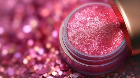 Makeup cosmetics, glittery loose face shadows or blush, glitters in jar, pink glitter background, barbicor style. Beauty conceptの素材