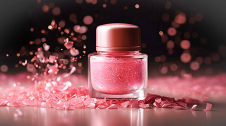 Makeup cosmetics, shiny glossy lip gloss or nail polish, liquid glitters in bottle, pink glitter background, Barbicor style.の素材