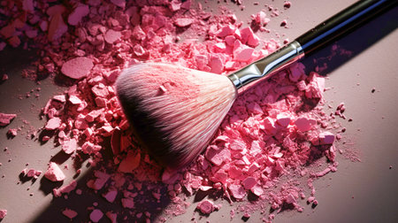 Makeup cosmetics, dry loose face shadows or blush, pink glitter background. Beauty concept, decorative professional productsの素材