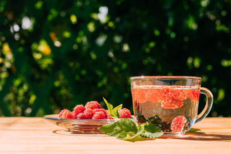 Drink from ripe red raspberries in a transparent mug, a plate with a berry, a summer background. Summer seasonal drinksの写真素材