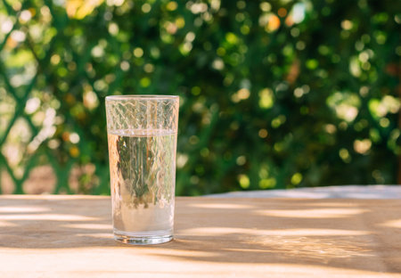 A glass of clean water on the background of a summer green garden. Summer drinksの写真素材