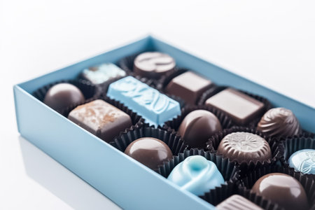 Chocolate candies in a blue festive box, white background, copy space. Sweet chocolate dessert, top view. AI generatedの素材