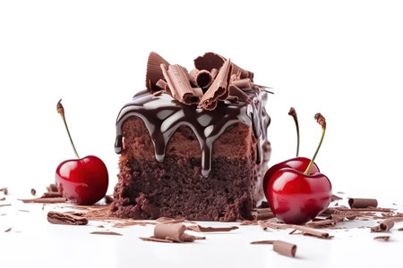 Chocolate cake, a piece of cake decorated with chocolate icing and a cherry, white background, copy space. Sweet chocolate dessertの素材