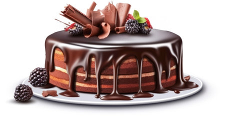 Chocolate cupcake cake decorated with chocolate icing and chocolate chips, white background. Festive sweet chocolate dessertの素材