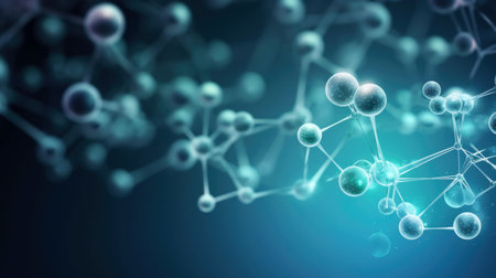 Molecular cosmetics, molecular chain of molecules on blue background, health beauty. Abstract background for displaying cosmeticの素材