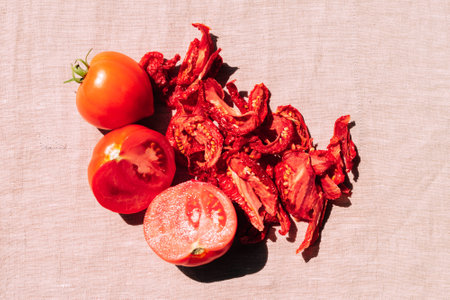Fresh and dried tomatoes lie on the kitchen table, top view. Harvesting and processing of vegetables, vegetarianismの写真素材