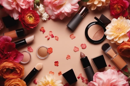 Professional makeup cosmetics pastel color palette, flat lay with flowers. Beauty concept, decorative professional productsの素材
