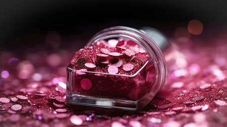 Makeup cosmetics, glittery loose face shadows or blush, glitters in jar, pink glitter background, barbicor style. Beauty conceptの素材