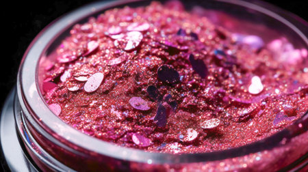 Makeup cosmetics, glittery loose face shadows or blush, glitters in jar, pink glitter background, barbicor style. Beauty conceptの素材