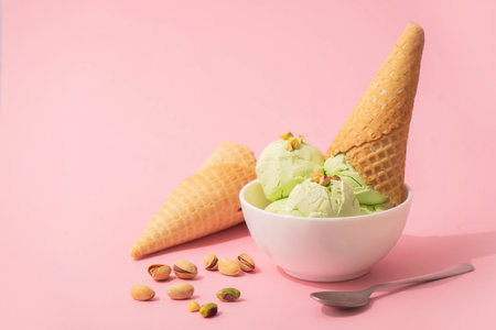 Pistachio Ice Cream in a white bowl and waffle cone, pink background, copy space. Summer cooling dessertsの写真素材