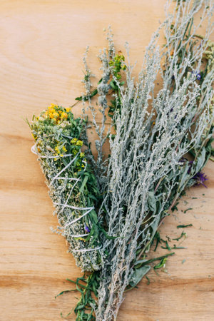 Bundles of herbs for aromatherapy and fumigation at home. Non-traditional methods, alternative herbal treatment,の写真素材