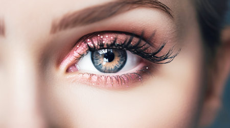 Beautiful eye trendy pink glitter makeup and black long eyelashes, barbicor style. Part of a womans face close-upの素材