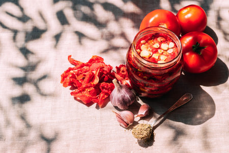 Dried tomatoes with spices in a jar, various spices and herbs lie on the kitchen table, bright sunlight and shadeの写真素材