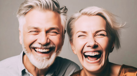 Portrait of happy mature married couple, modern man woman laughing and looking at cameraの素材