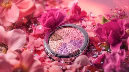 Professional makeup cosmetics, compact dry glitter shadows blush highlighter, flat lay with flowers, pink backgroundの素材